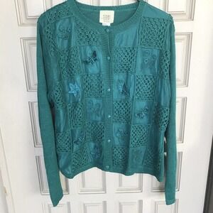 Vintage Teddi Sweater SzPL Teal Long Sleeve Autumn Theme Pre-Owned